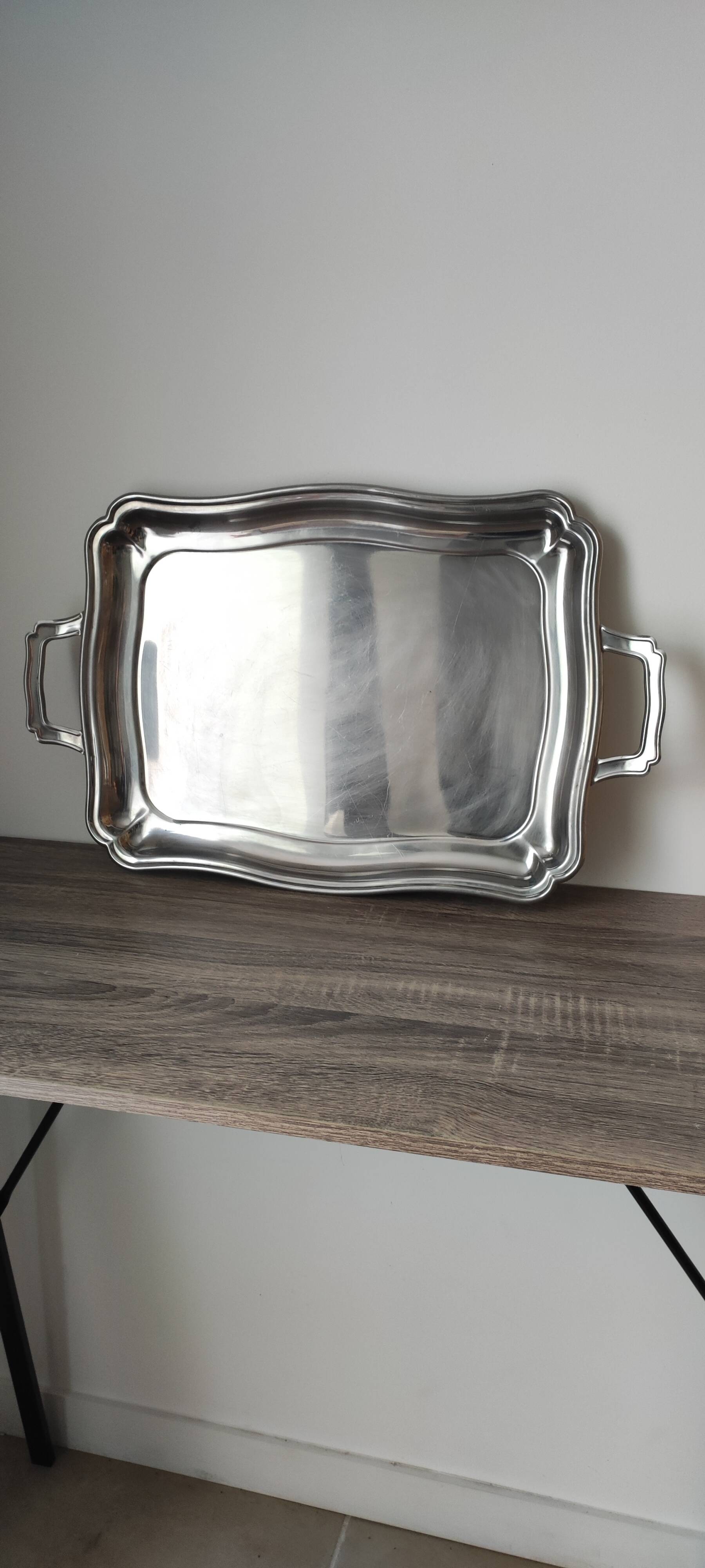 Beau plateau en inox (Jean Couzon ) mouluré avec anses