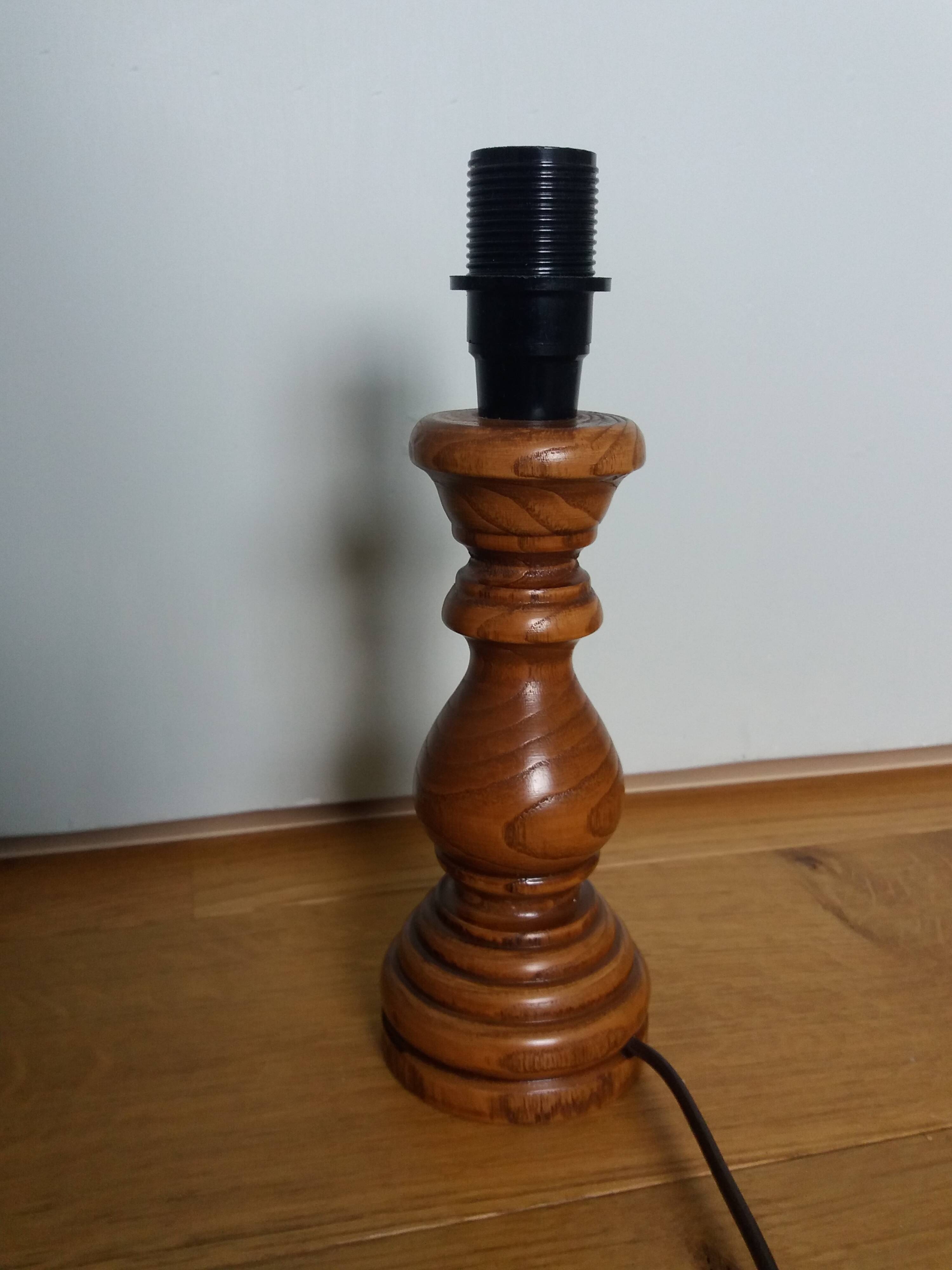 Turned wood lamp with fabric lampshade
