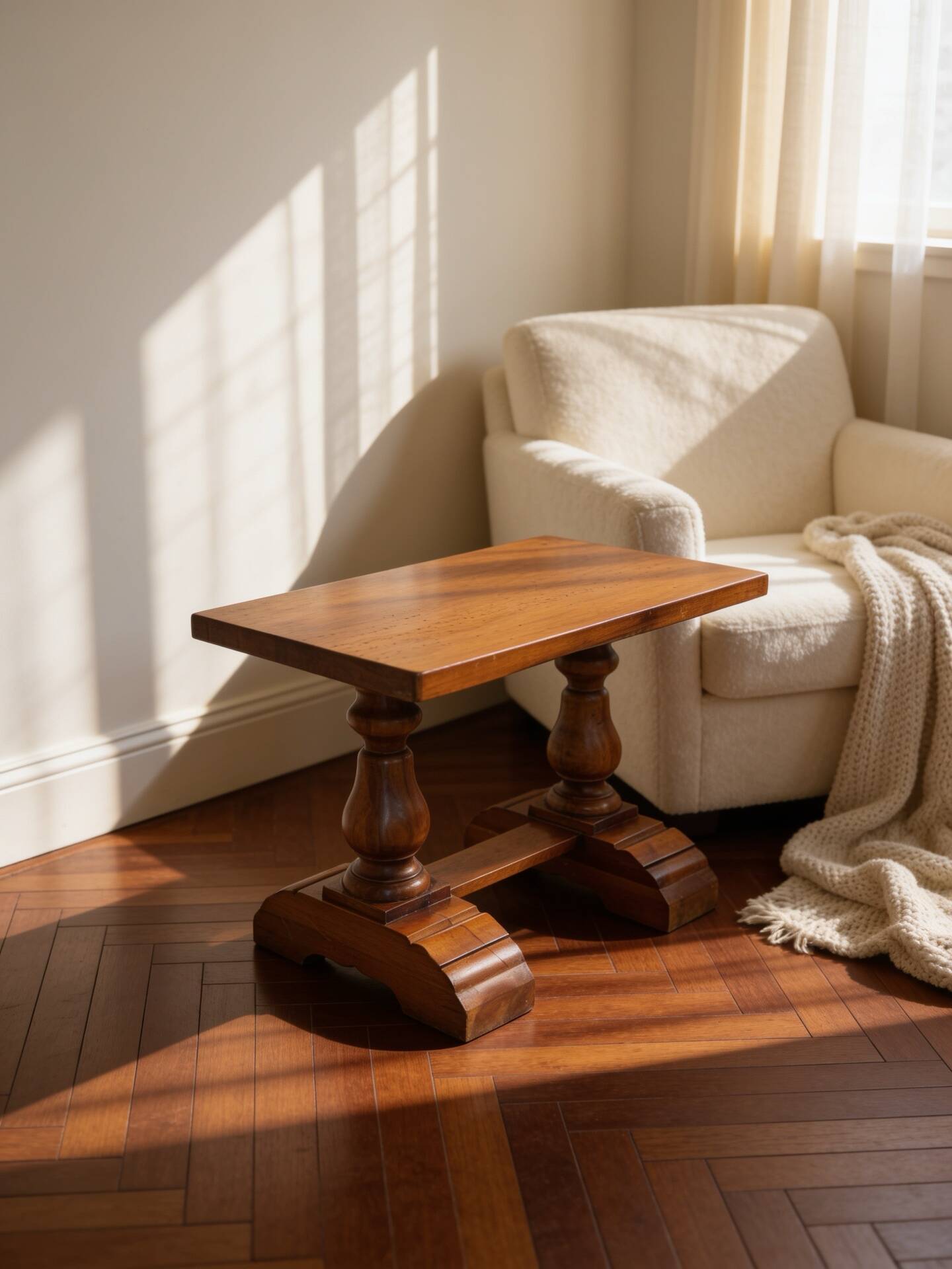 A small, rustic walnut wooden table, crafted from solid walnut wood, 1