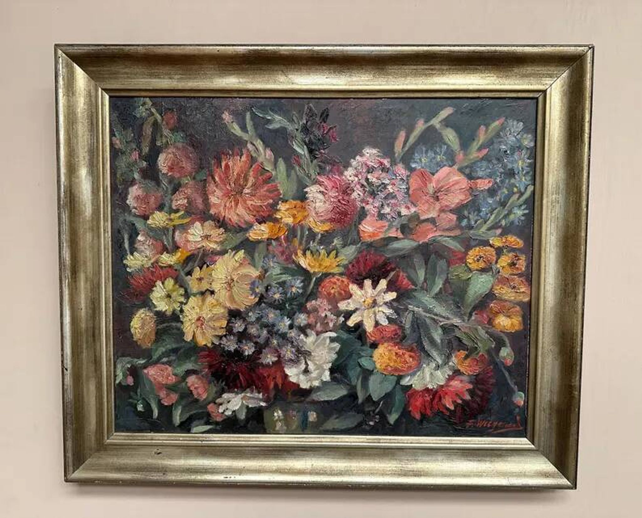 Original Still Life Oil on Canvas “Still Life with Flowers” by F. Wiegand