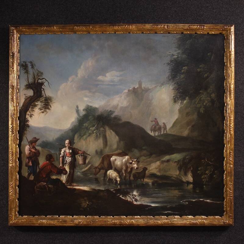 Great 18th century Italian painting, landscape with genre scene