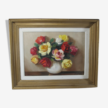 Oil on canvas still life vase bouquet of flowers signed