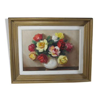 Huile sur toile nature morte vase bouquet de fleurs signé