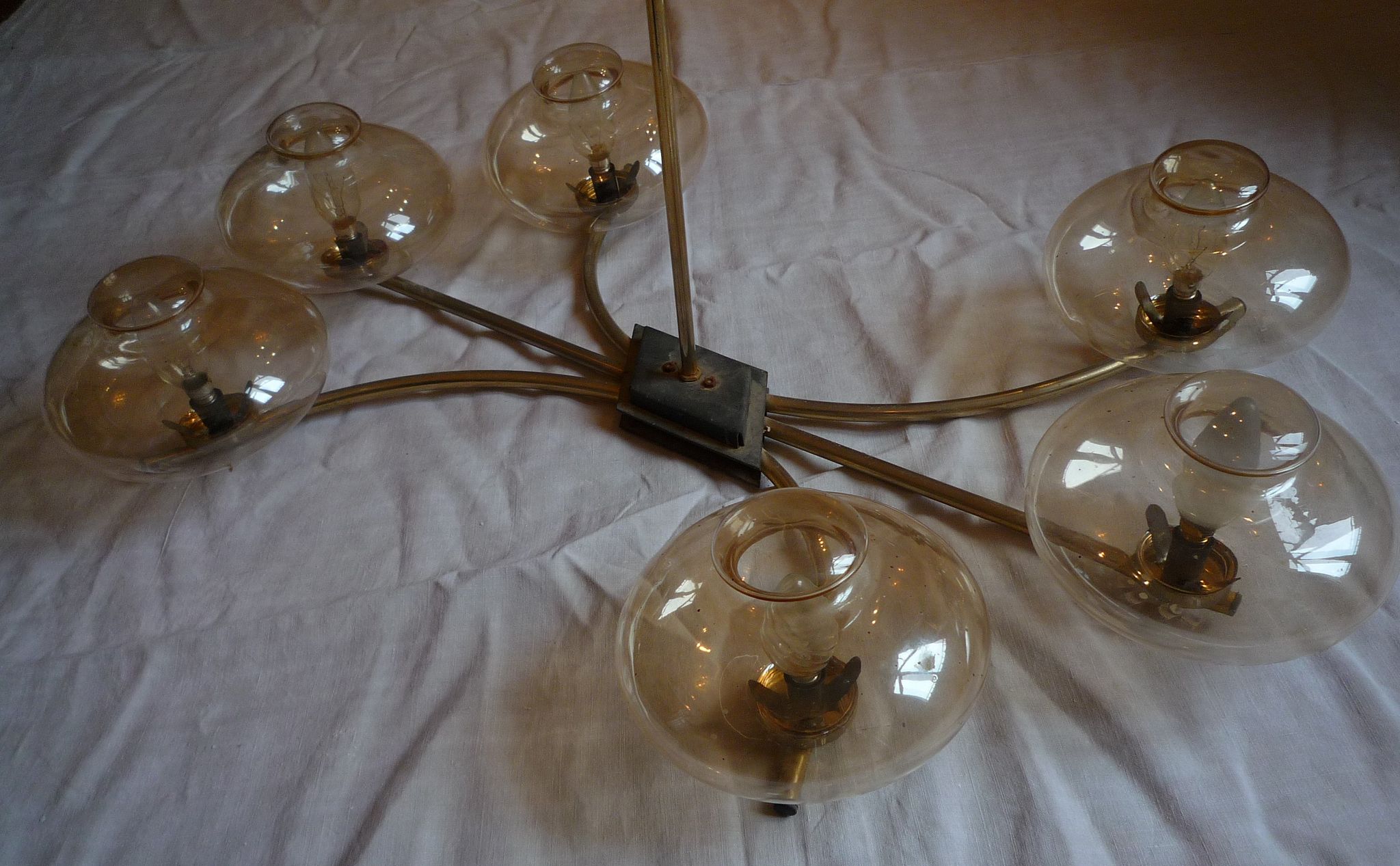 Vintage chandelier 6 lights, metal and glass, vintage 1950s