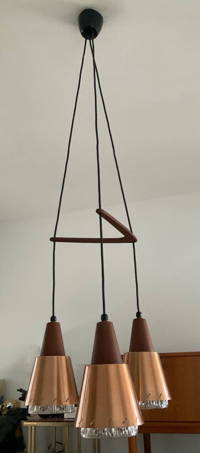Scandinavian Boomerang chandelier from the 60s in teak, metal and glass