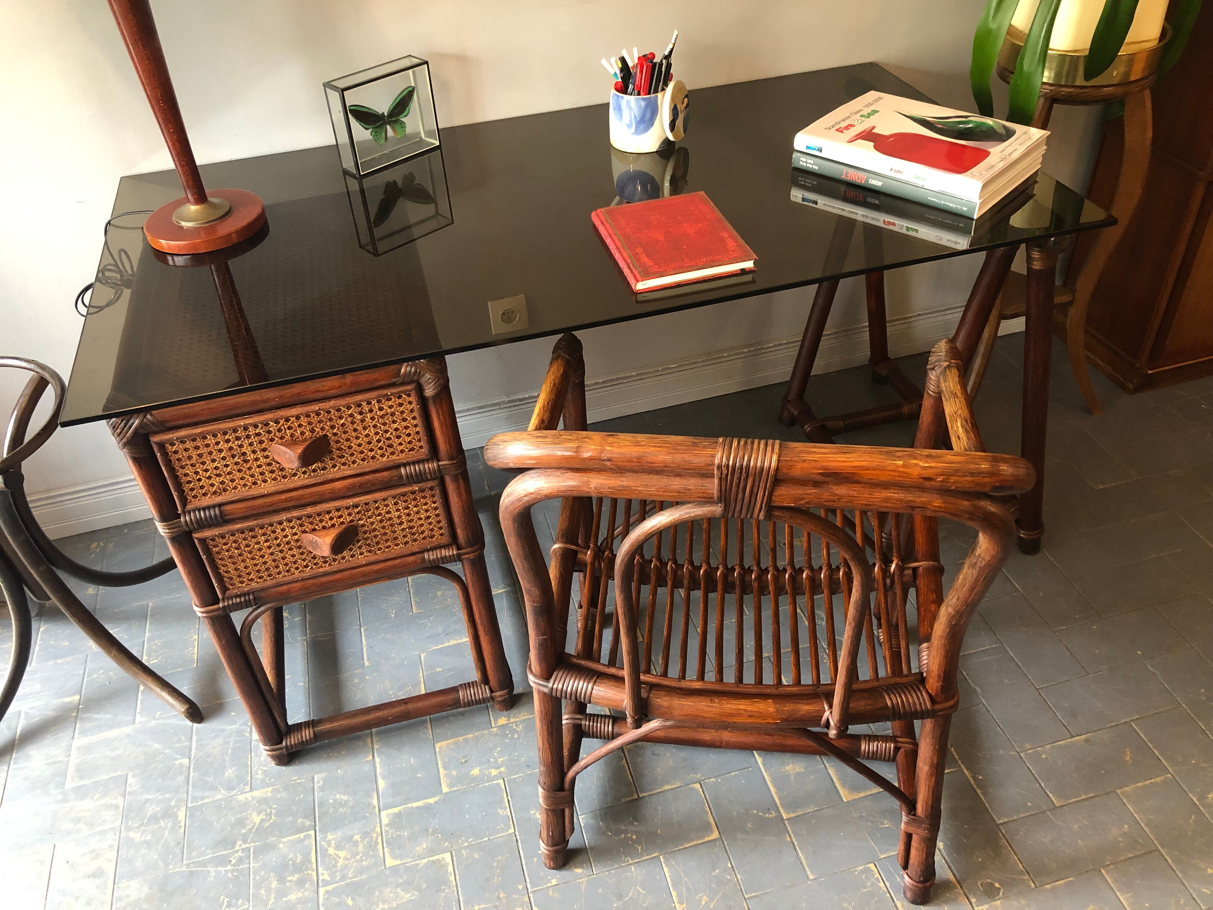 Bamboo desk and armchair, rattan 70s/80s