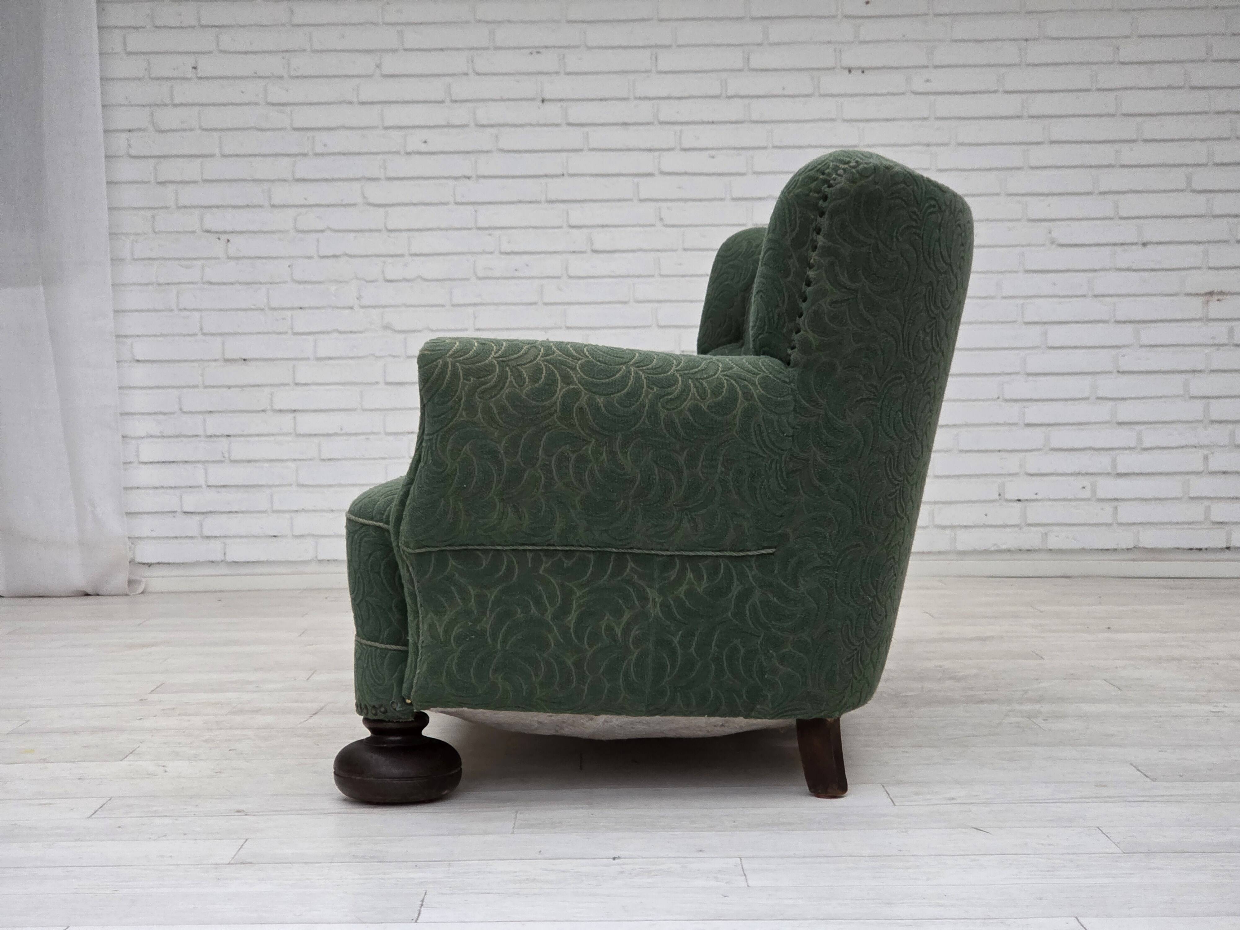 1960s, Danish 3-seater sofa, green furniture wool, oak wood.