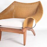 Pair of wooden and wicker armchairs