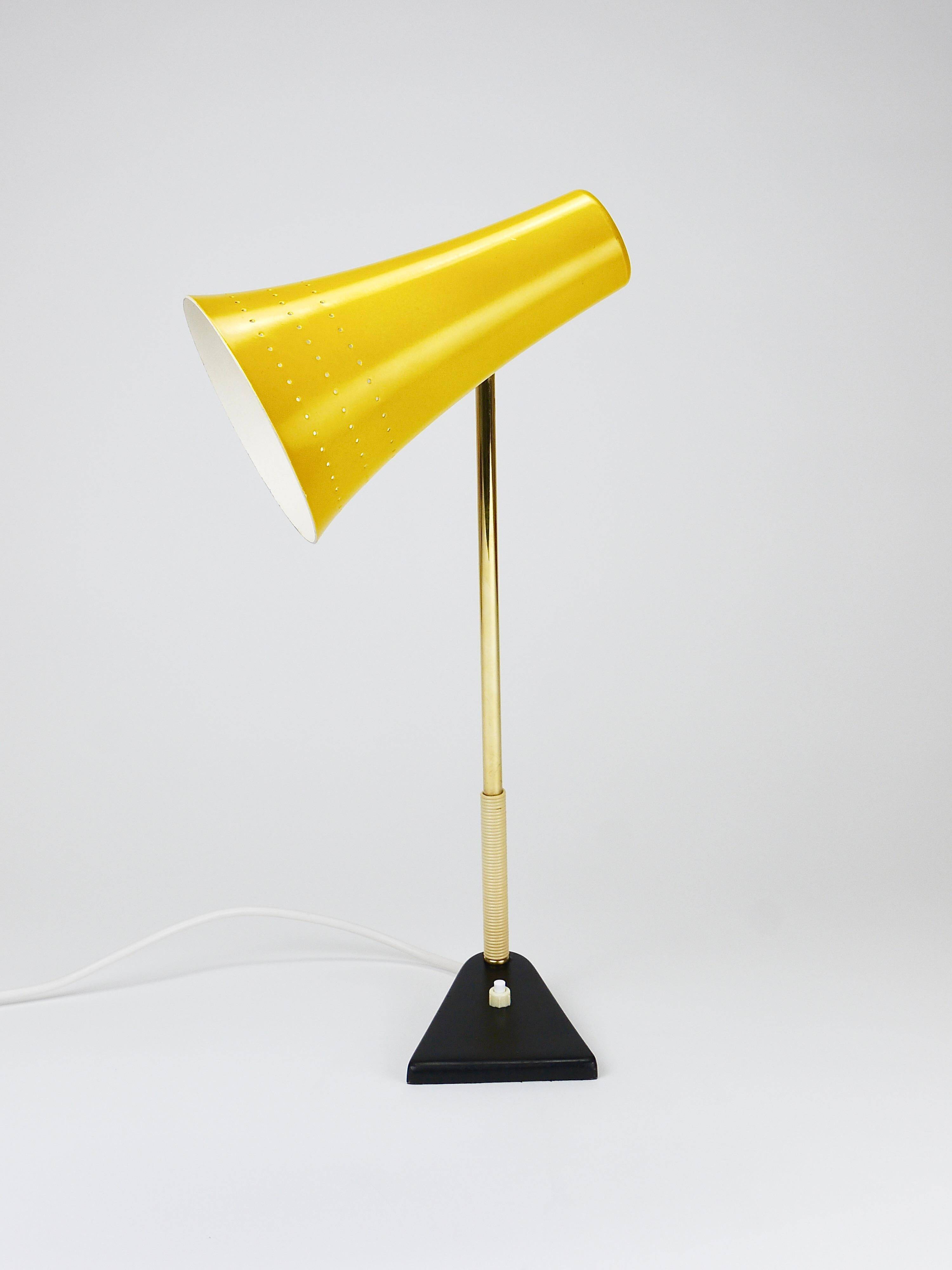Yellow desk, table or accent lamp by J.T. Kalmar, brass and iron, Vienna, Austria, 1950s.