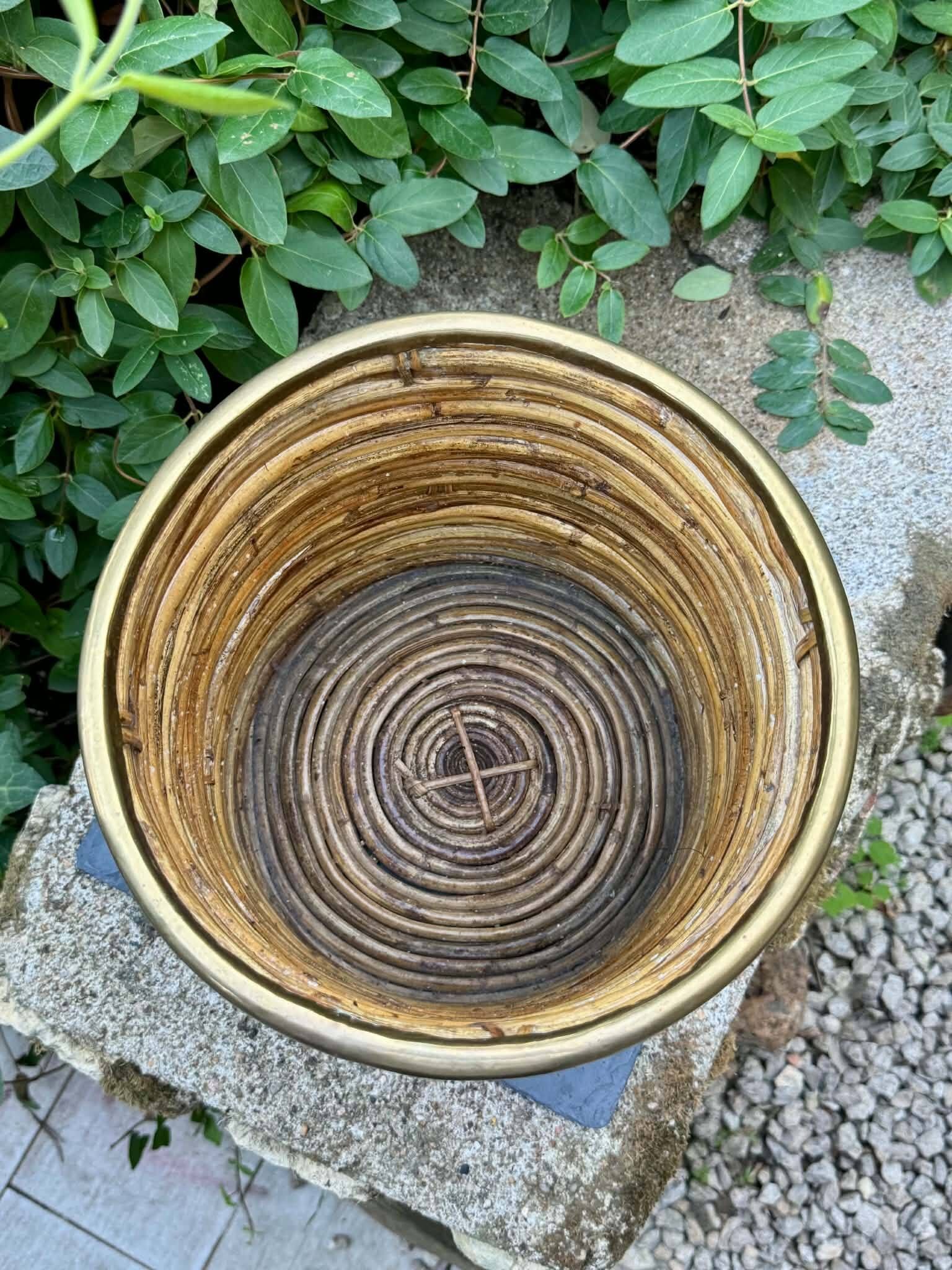 Large rattan basket brass Gabriella Crespi 1960s