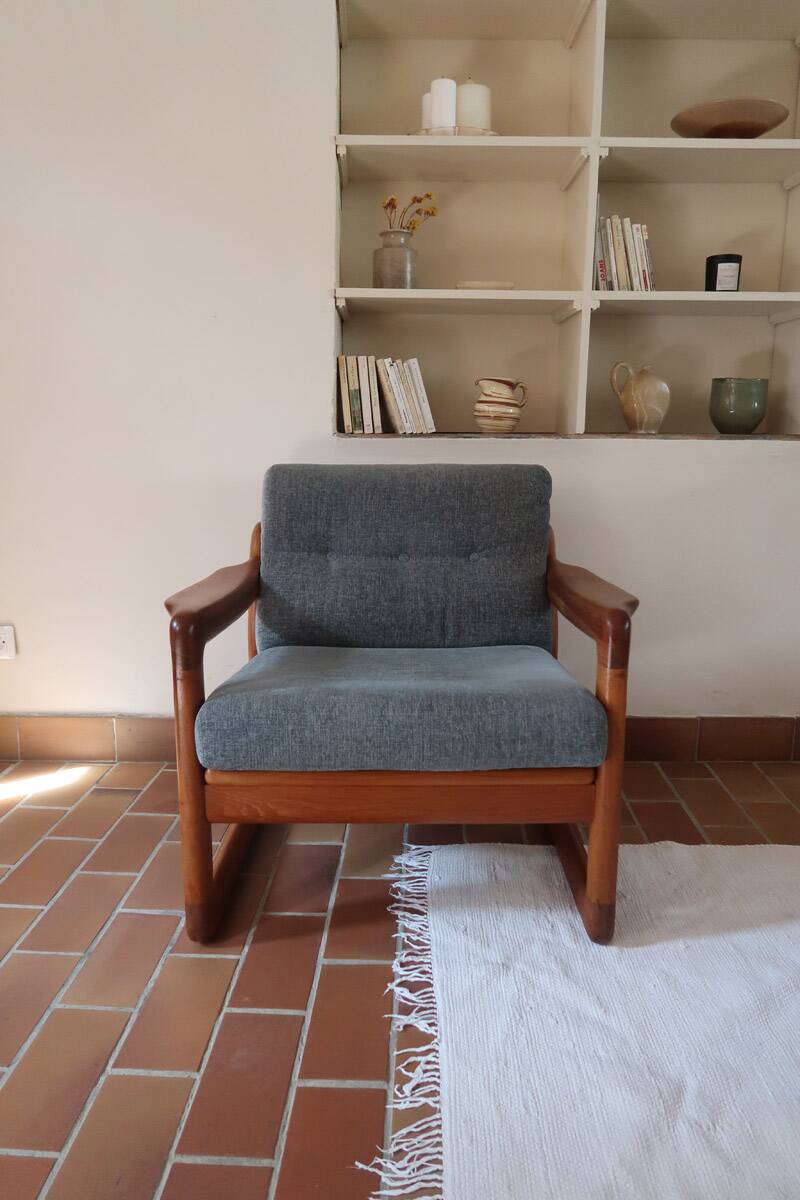Scandinavian armchair teak Komfor blue-grey fabric 60's sled base