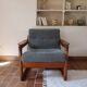 Scandinavian armchair teak Komfor blue-grey fabric 60's sled base