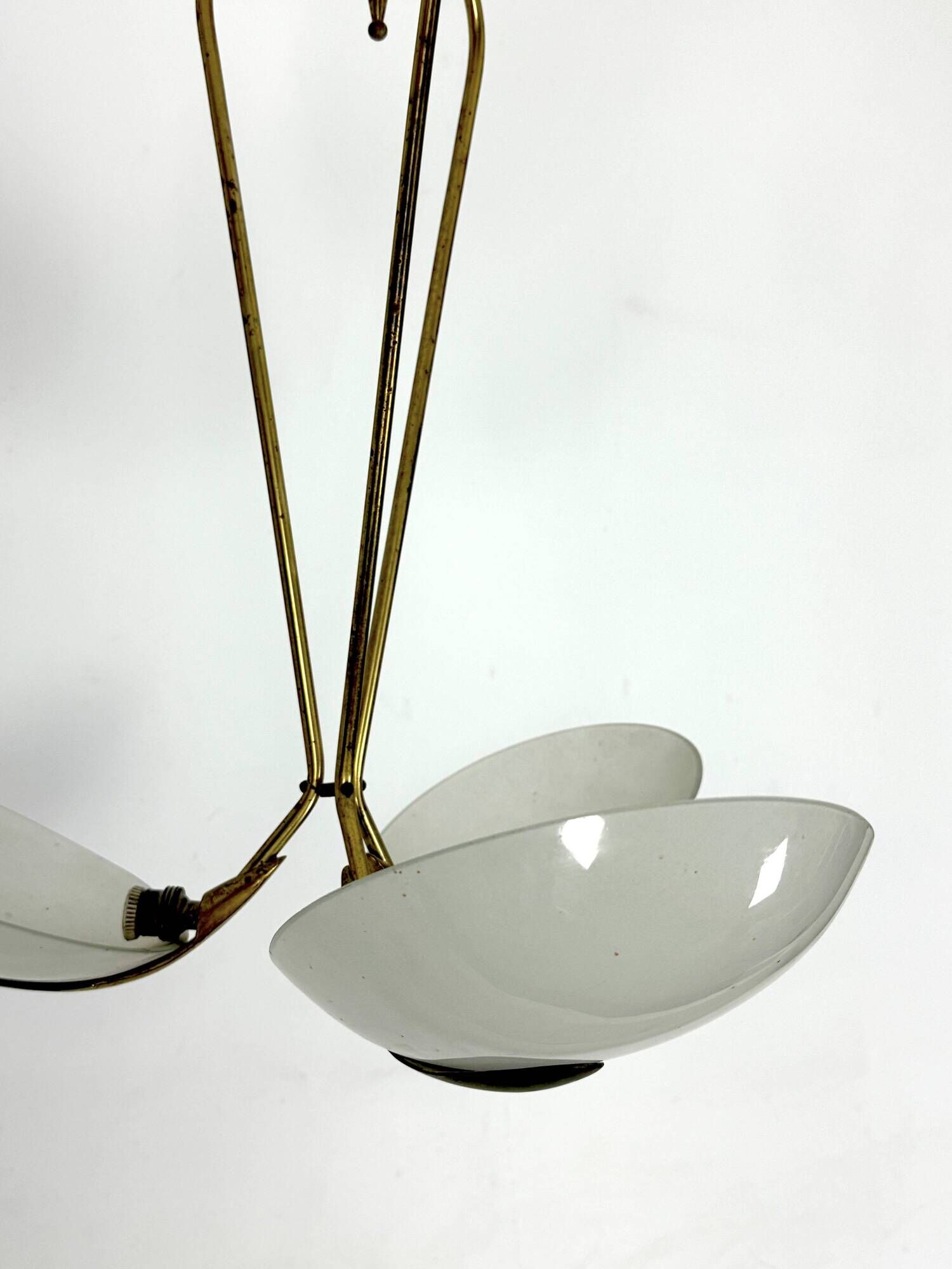 Vintage Italian brass and curved glass chandelier from 1950s