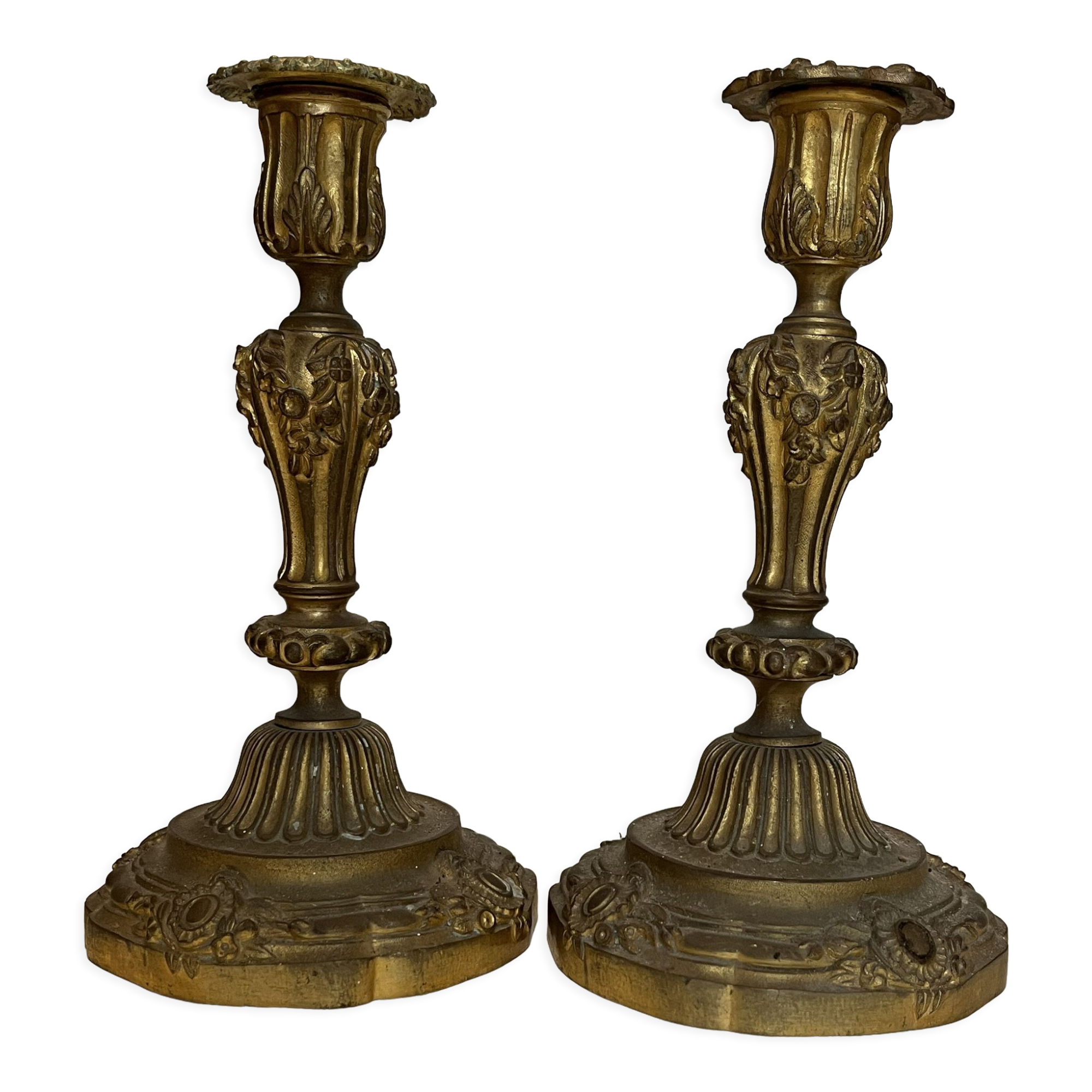 Pair of antique bronze candle holders