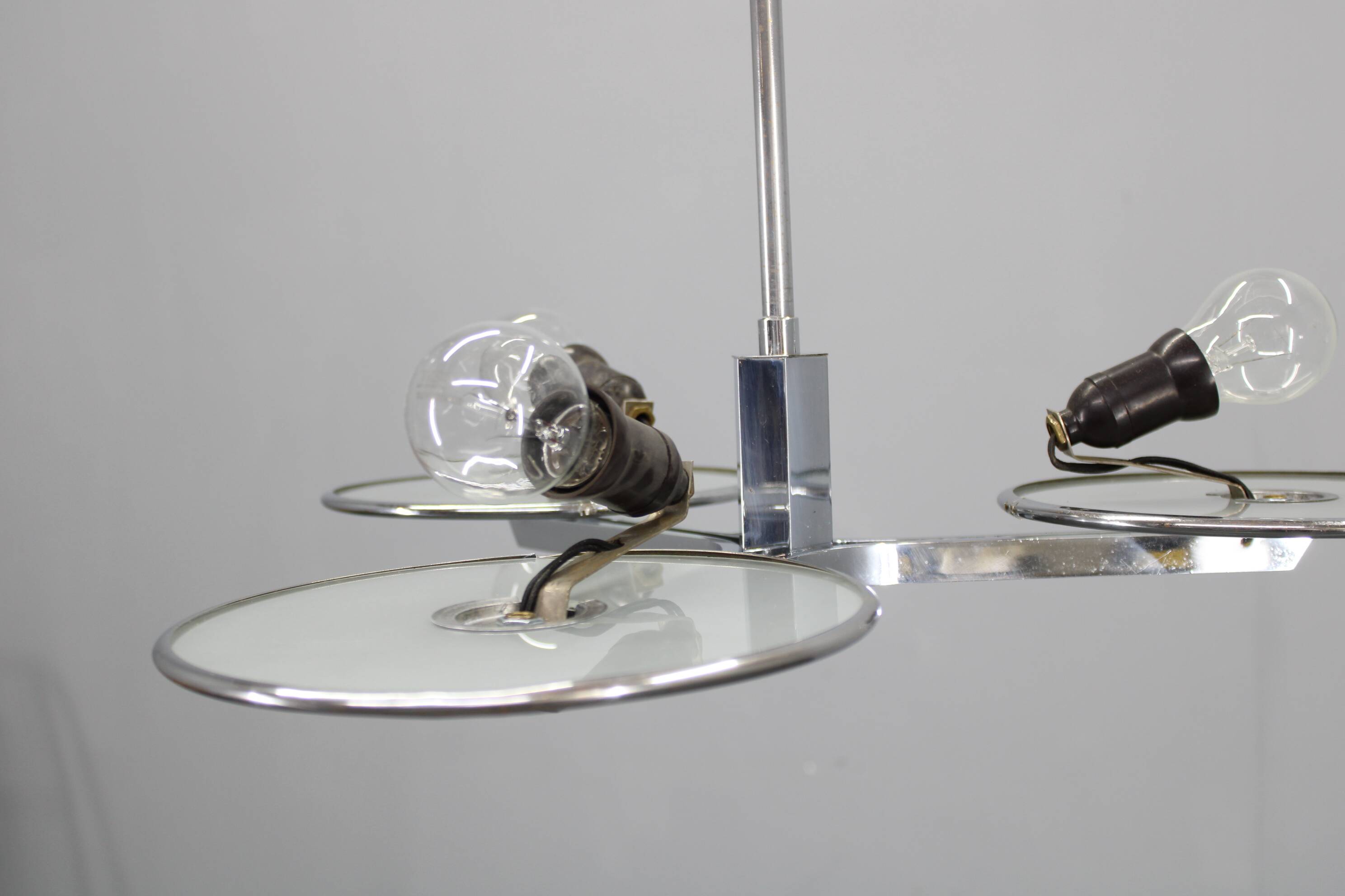 Restored Bauhaus or Art Deco chrome and glass chandelier, Czechoslovakia