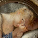 Miniature XIXe jeune fille la tête reposant sur un coussin