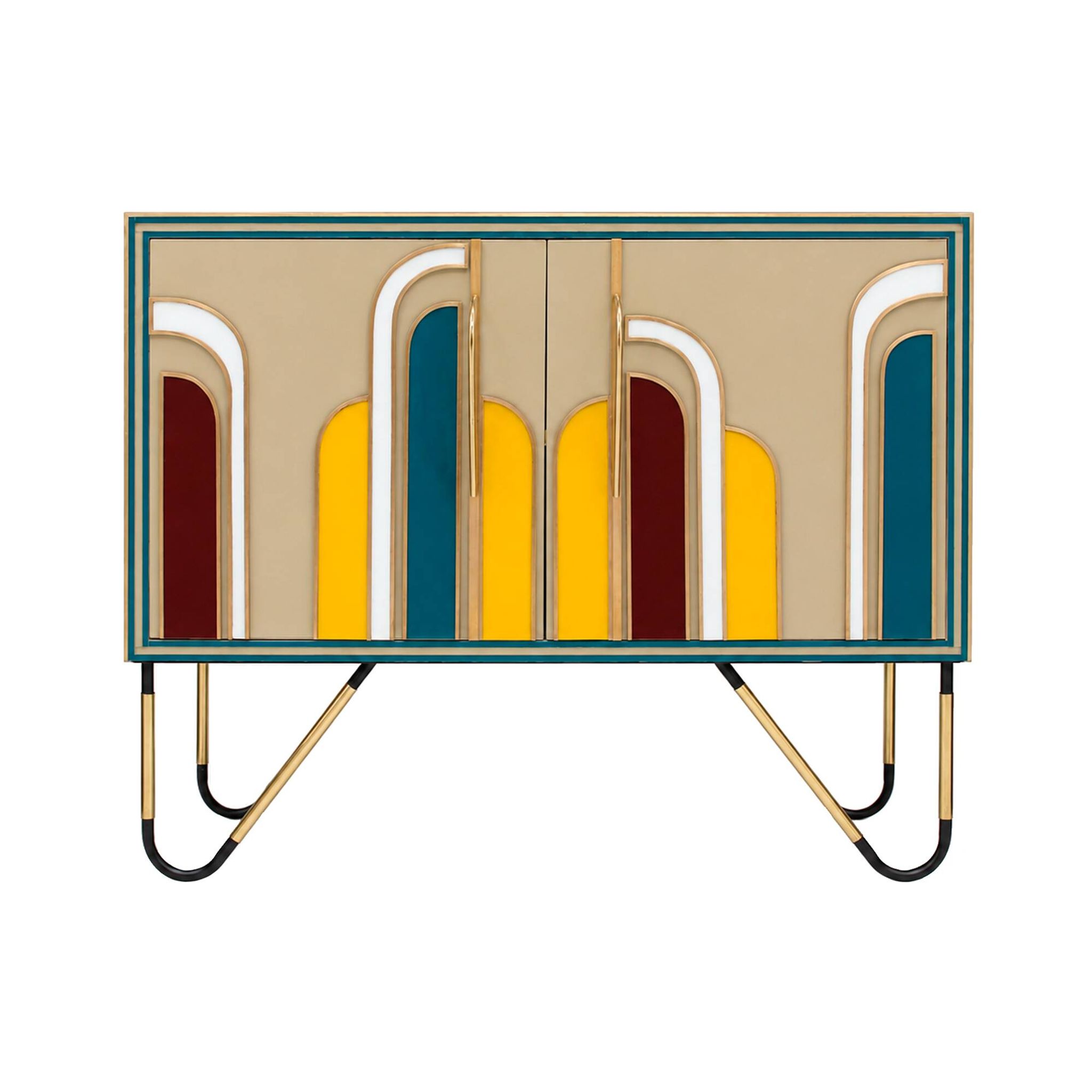 Buffet italien en bois massif et verre coloré de style mid-century modern