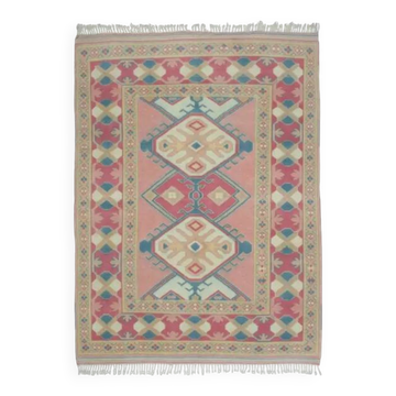 1970s Vintage Turkish Oushak Handmade Wool Cotton Pink Area Rug 174x234