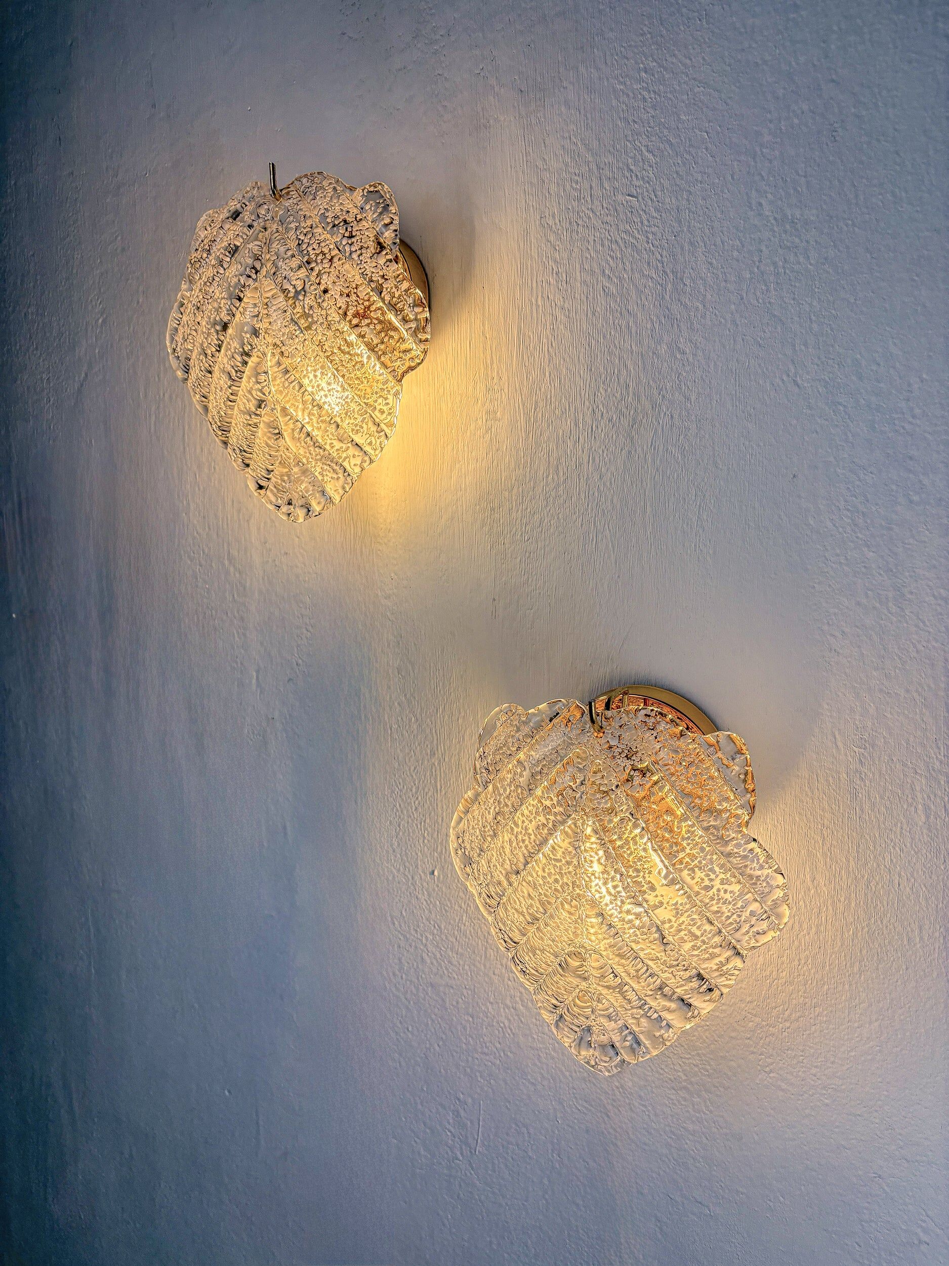 Pair of "Leaf" frosted Murano glass wall sconces, Italy, 1970s
