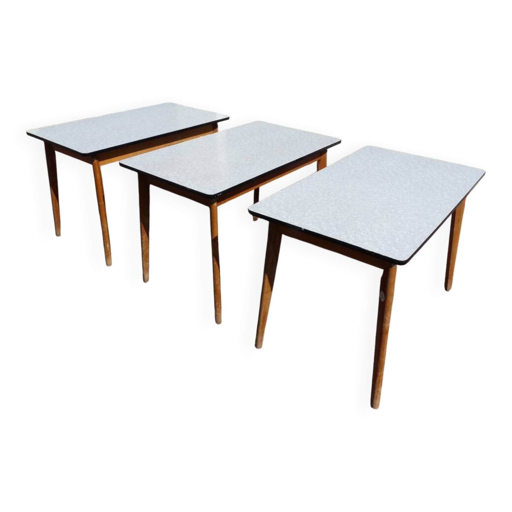 set of 3 vintage white Formica and wood tables