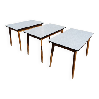 set of 3 vintage white Formica and wood tables