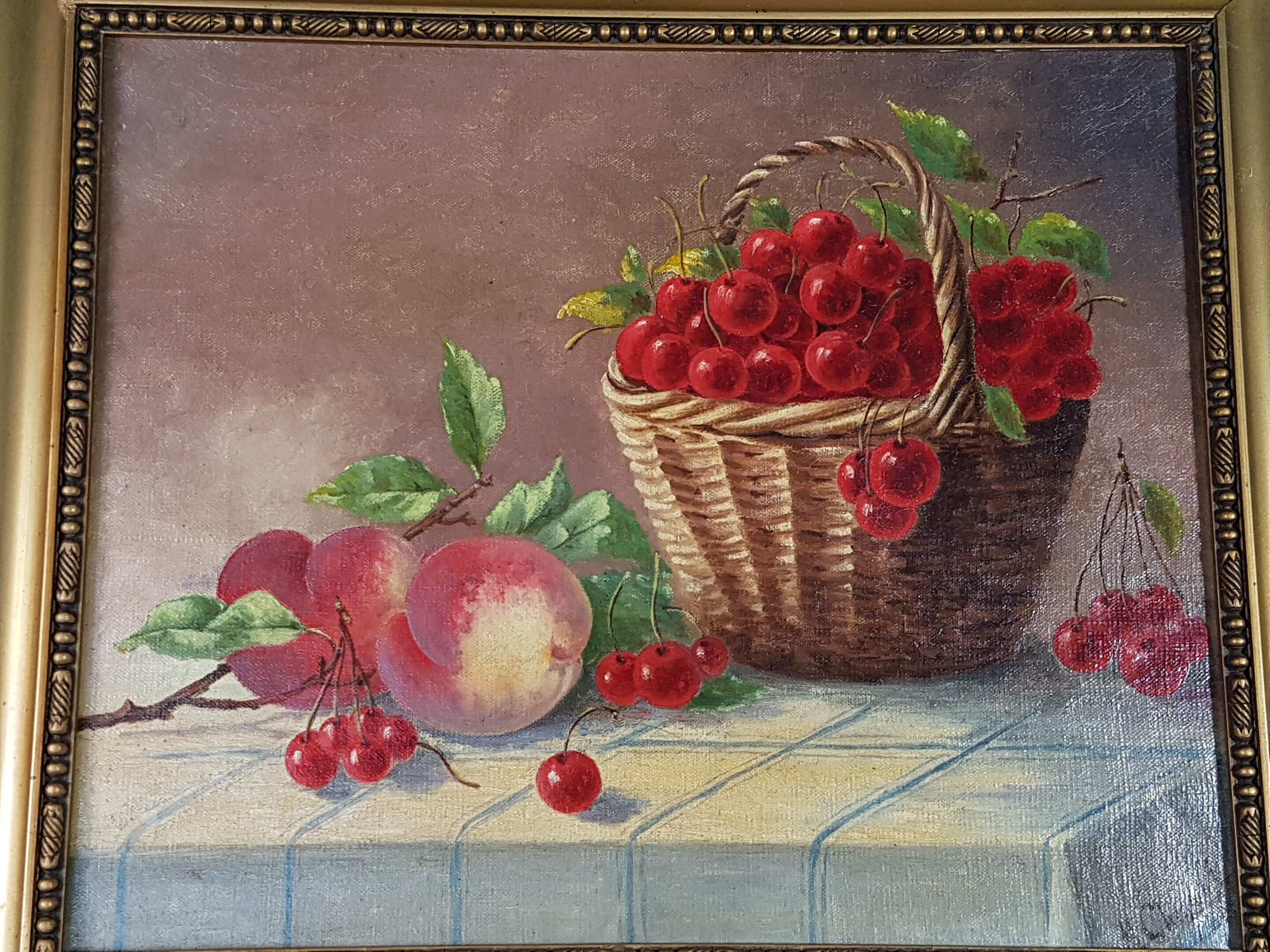 Ancient still life with cherries - peaches Oil on canvas 59x50 cm