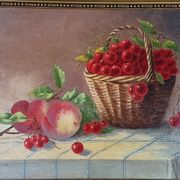 Nature morte aux cerises & pêches huile sur toile 59x50 cm