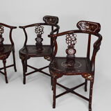 4 Asian armchairs in carved wood and mother-of-pearl inlaid, early twentieth century
