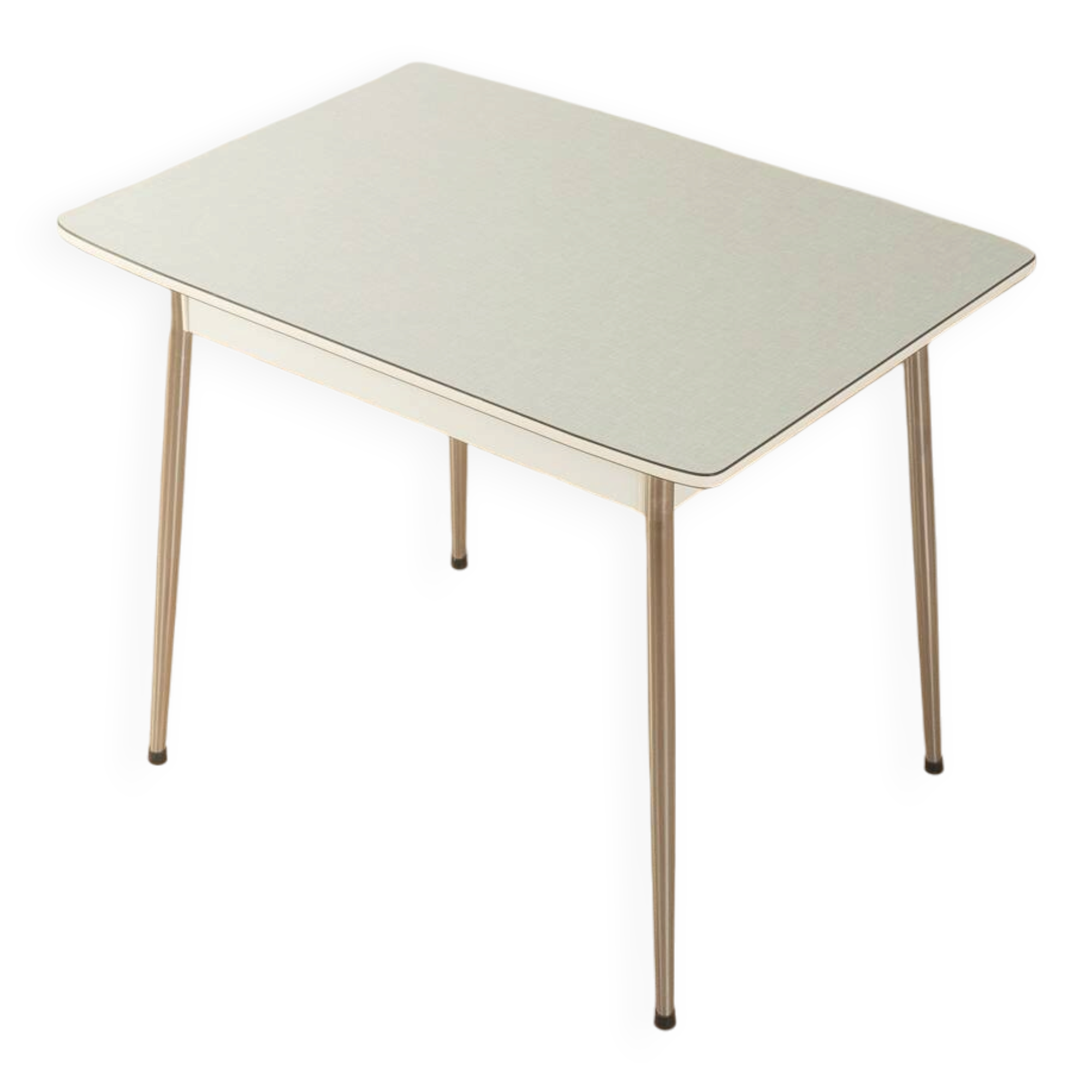 Table de cuisine vintage avec Resopal gris clair et chrome, années 1950.
