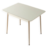 Table de cuisine vintage avec Resopal gris clair et chrome, années 1950.