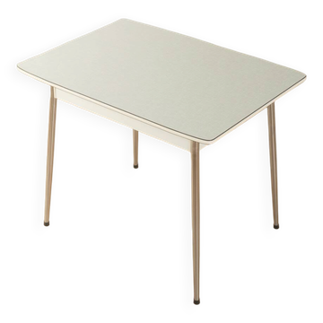 Table de cuisine vintage avec Resopal gris clair et chrome, années 1950.