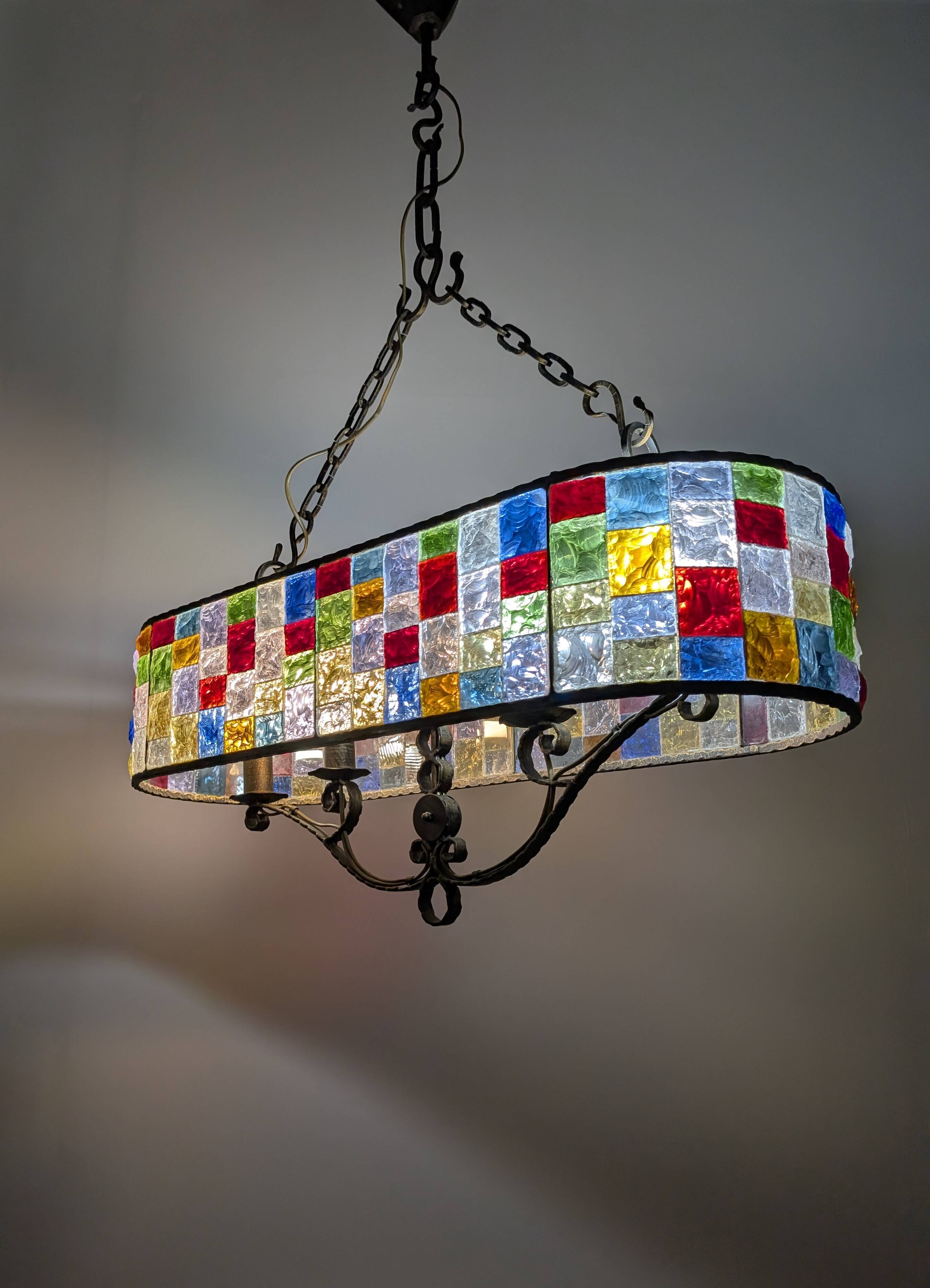 Large Italian Multi-Colored Hammered Crystal and Wrought Iron Chandelier