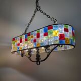 Large Italian Multi-Colored Hammered Crystal and Wrought Iron Chandelier