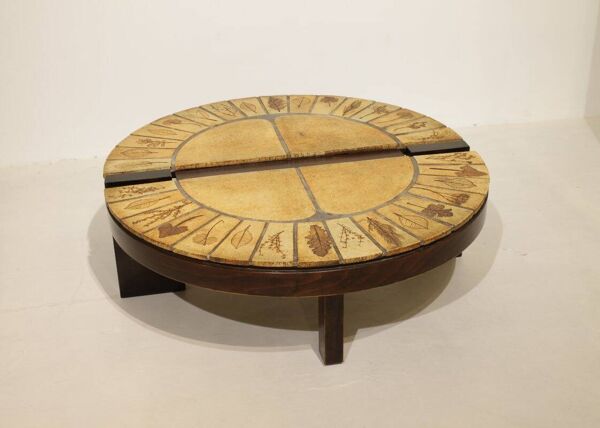 Table basse ronde herbier Roger Capron, Vallauris - céramique et structure en bois
