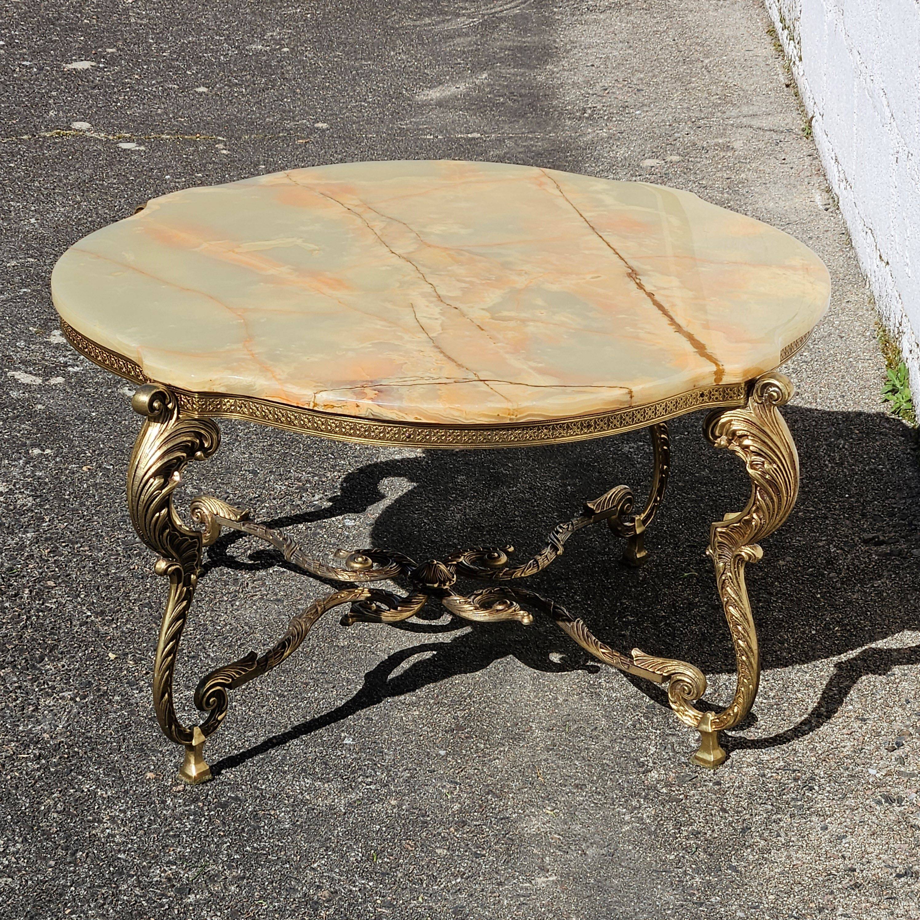 French Vintage Onyx Marble Bronze Coffee Table Style Louis XV 60s
