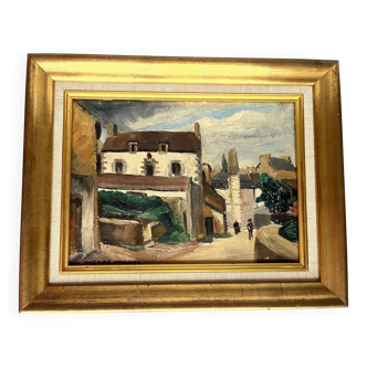 Tableau : huile sur panneau vue de village