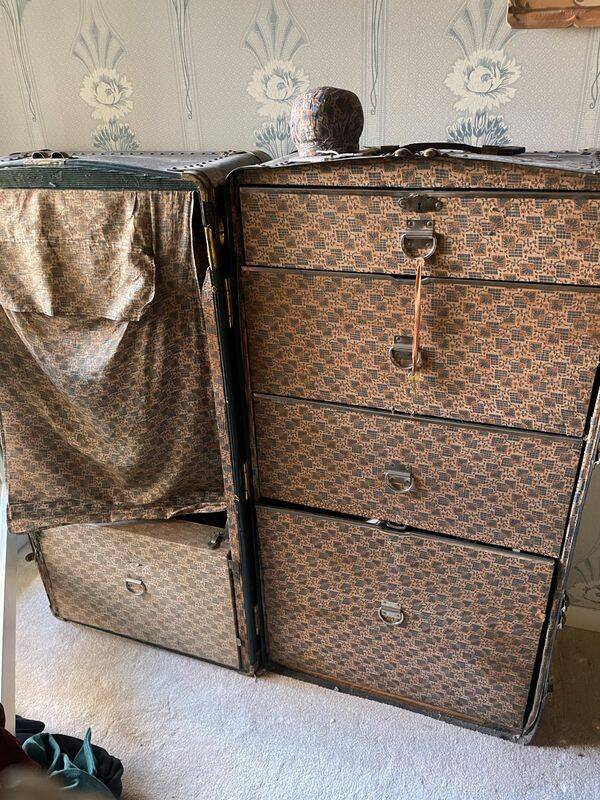 1930s travel trunk art deco fabric