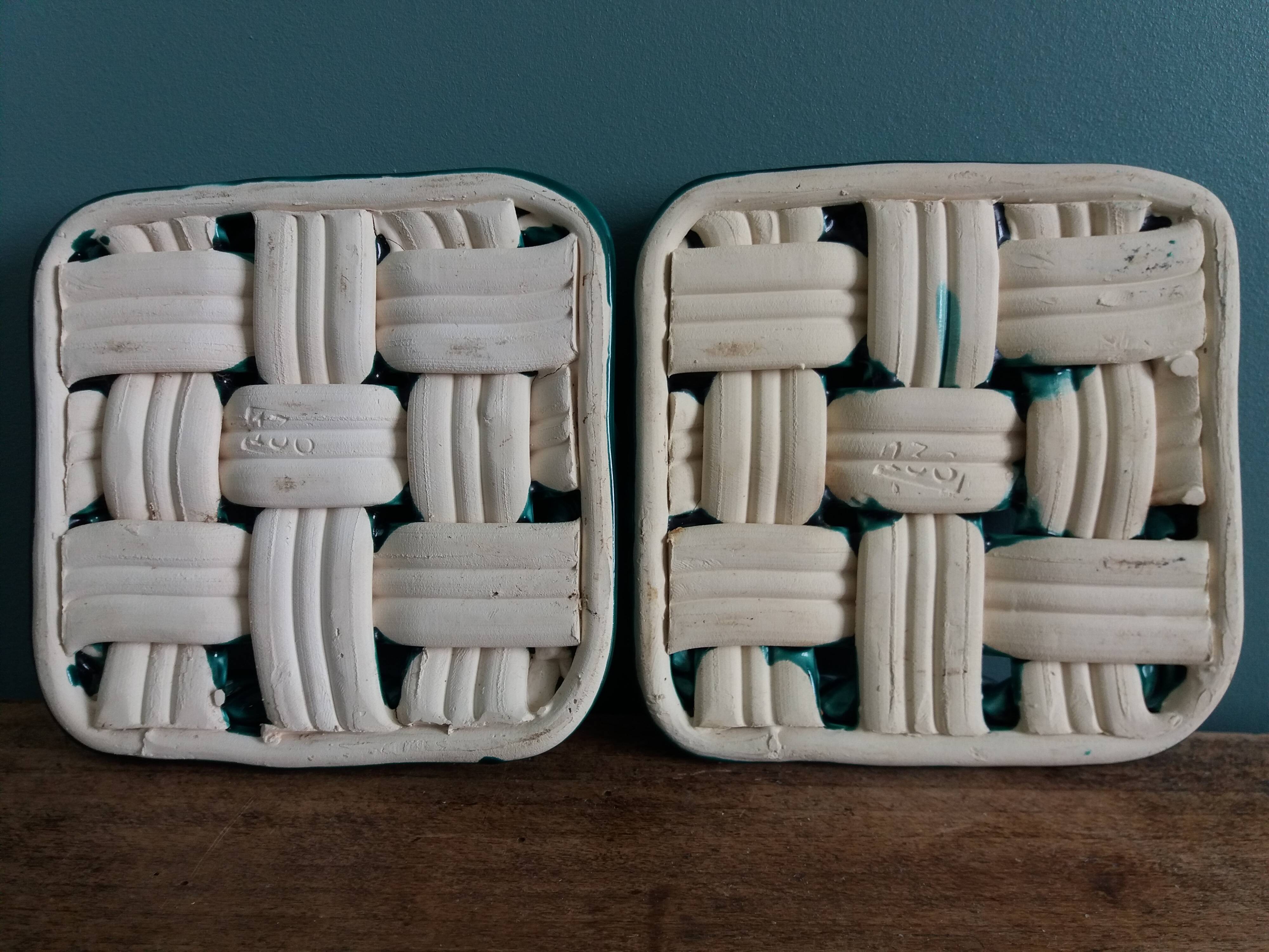 Emerald green braided slip trivet and bottle holder, knife holder