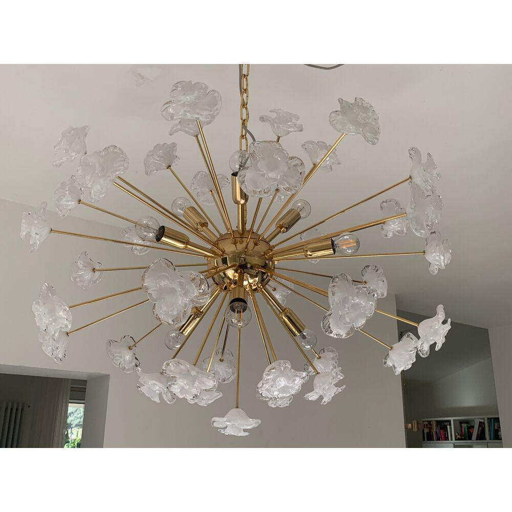 WHITE FLOWERS MURANO GLASS SPUTNIK OVAL GOLD CHANDELIER