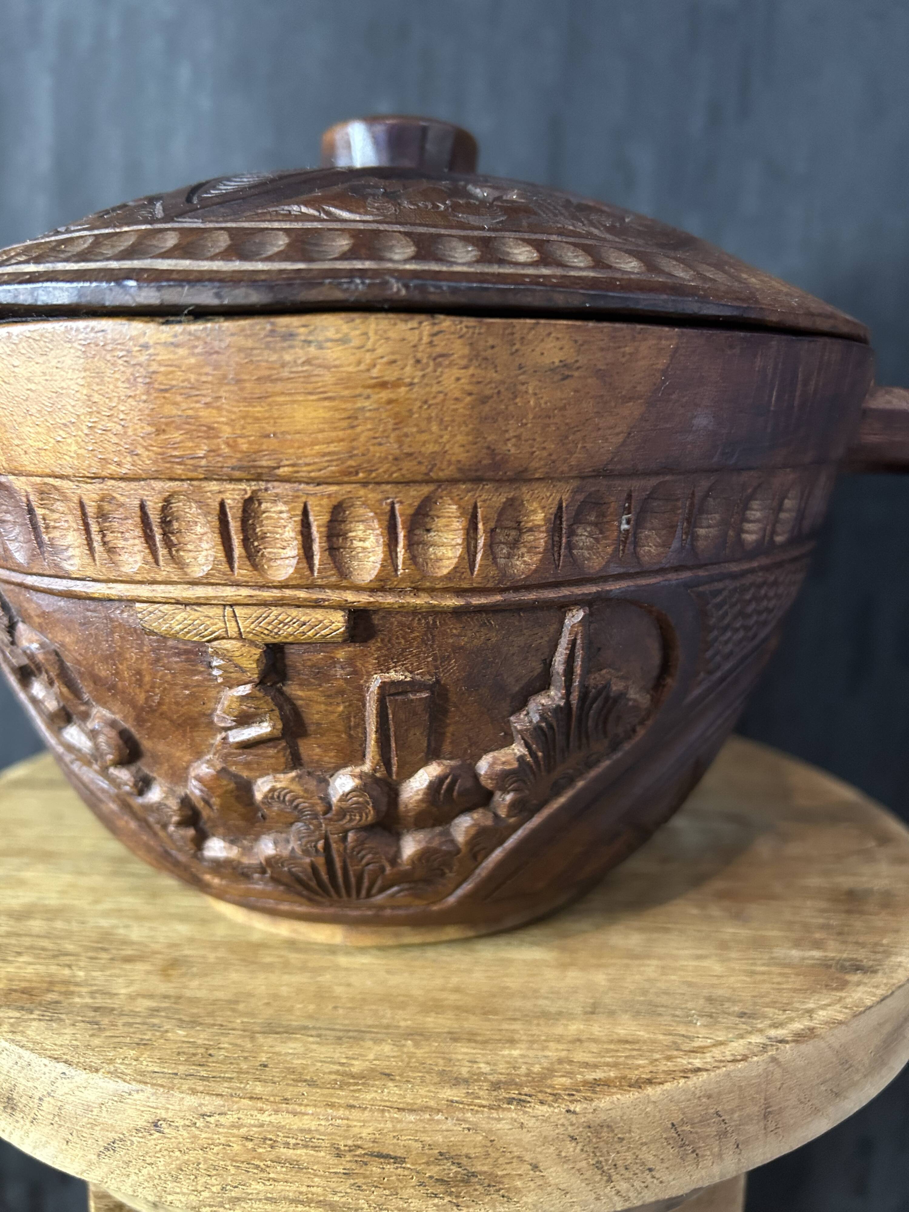 African Art - Madagascar - Vintage - Covered Pot - Carved Rosewood - 1950