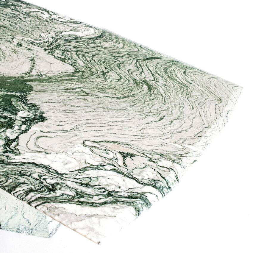 Vintage dining table in green and white veined marble. Completely restored. Italy, 90's