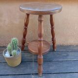 Solid wood turned tripod stool with 2 seats, 1970