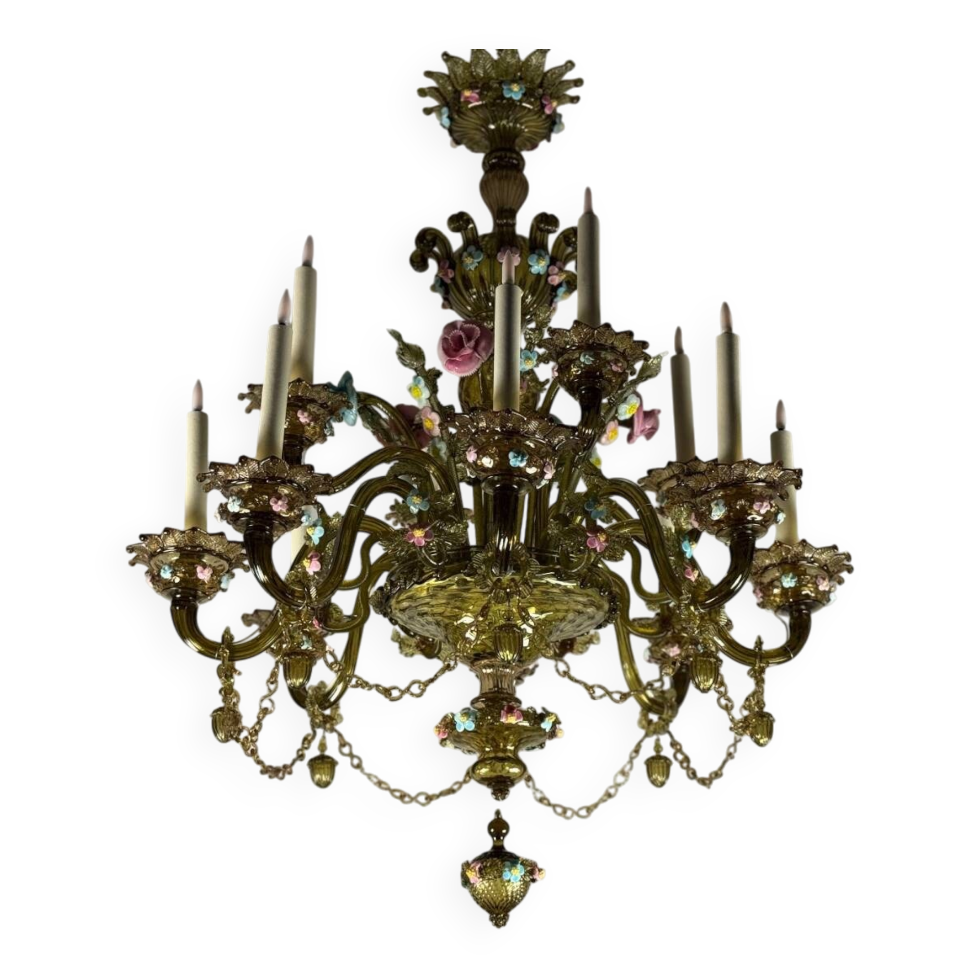 Venetian chandelier in multi-colored Murano glass with a green dominant color, 12 light arms, circa 1880
