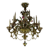 Venetian chandelier in multi-colored Murano glass with a green dominant color, 12 light arms, circa 1880