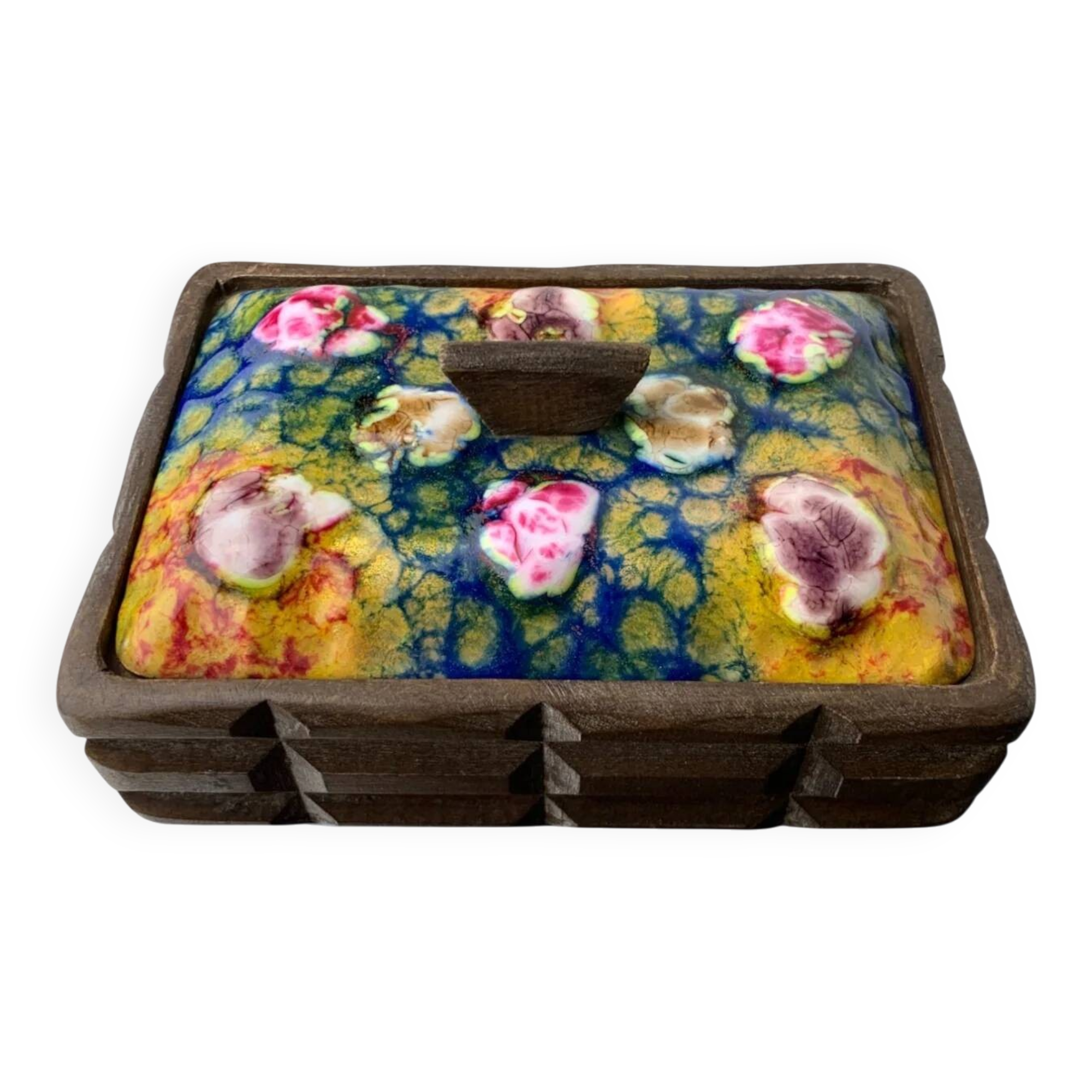 Modernist wood and enamel vanity box by J. Capo Esmaltes, 1970, Spain