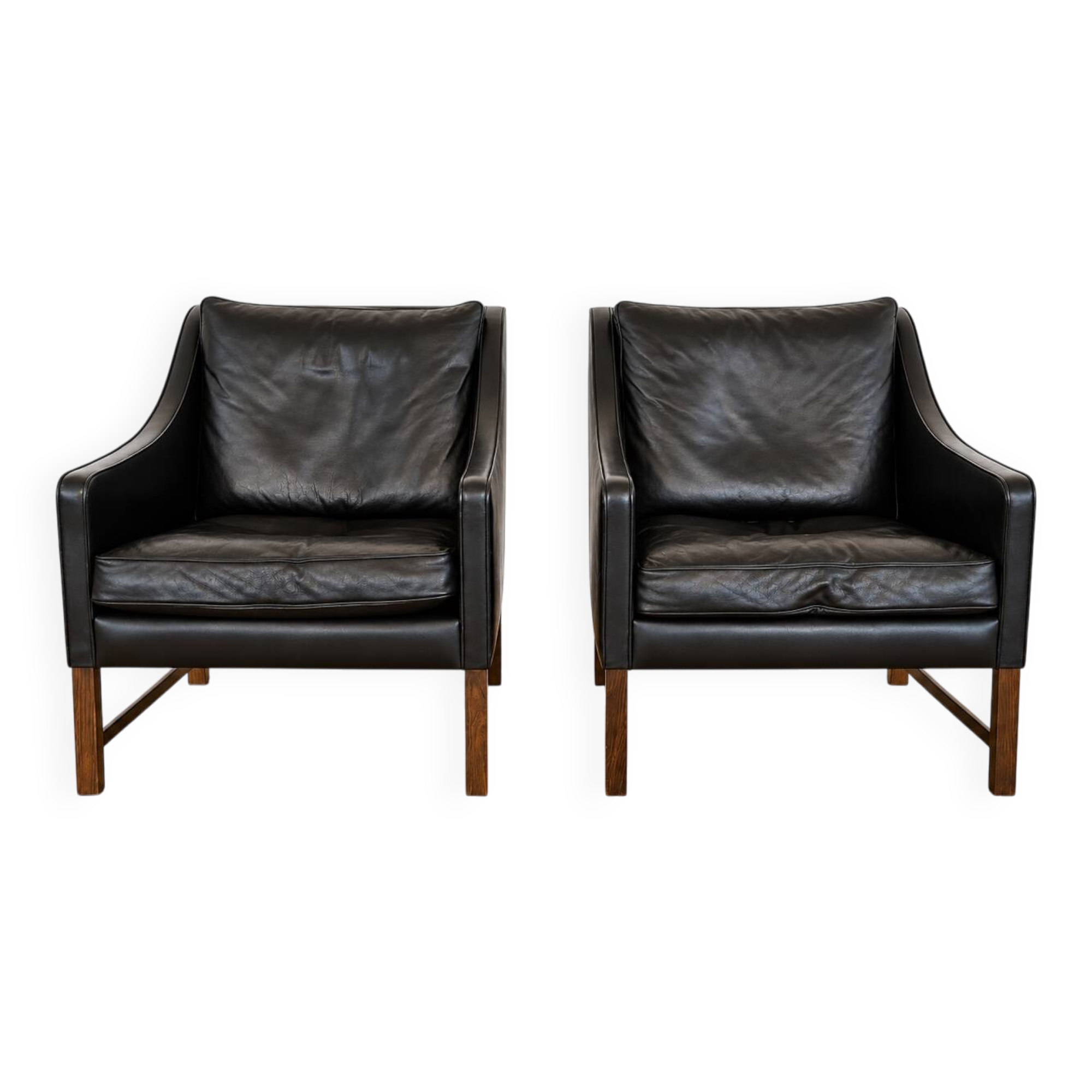 Fredrik Kayser mid-century leather & rosewood lounge chairs – brown leather