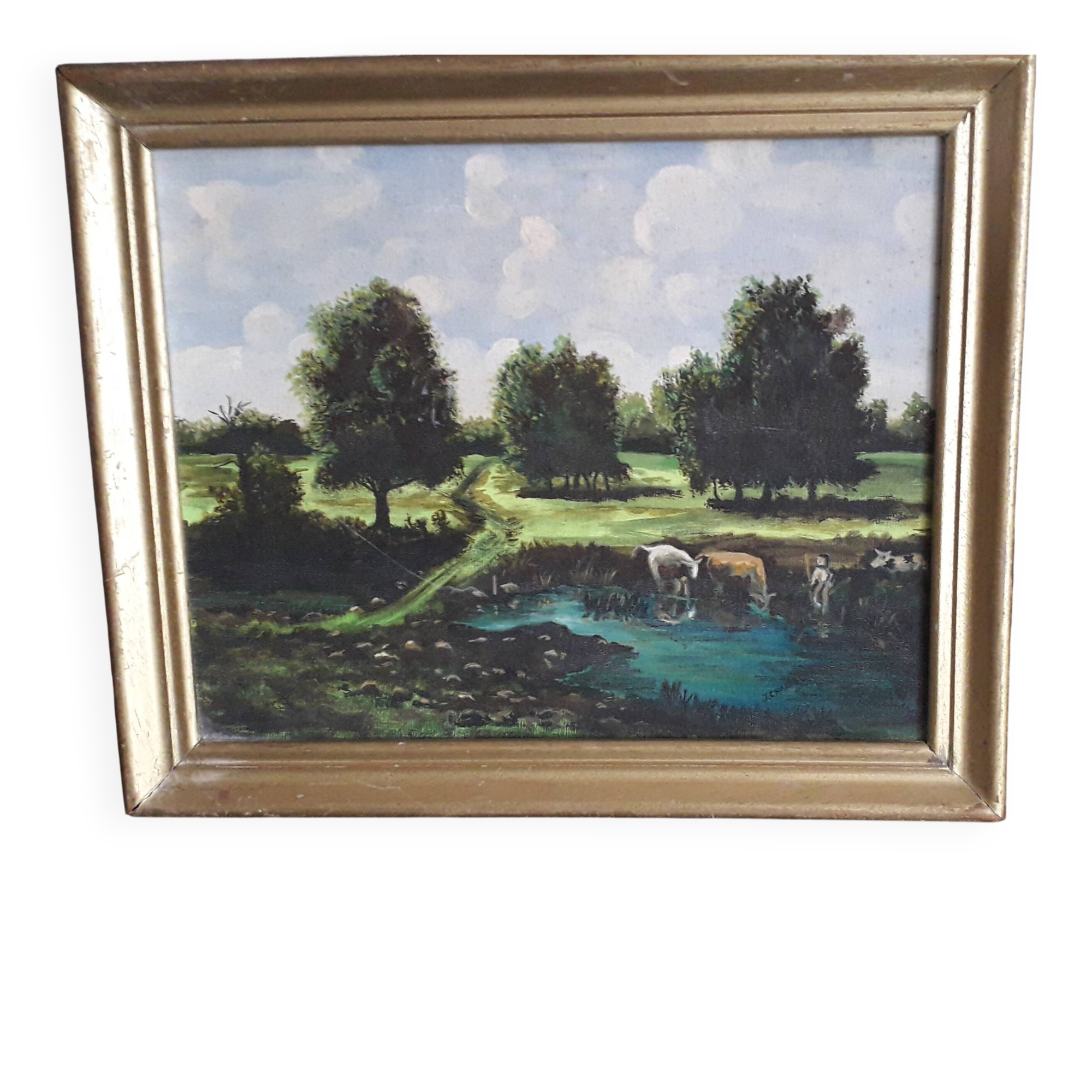 An old oil painting depicting a countryside landscape.