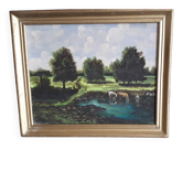 An old oil painting depicting a countryside landscape.