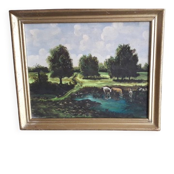 An old oil painting depicting a countryside landscape.