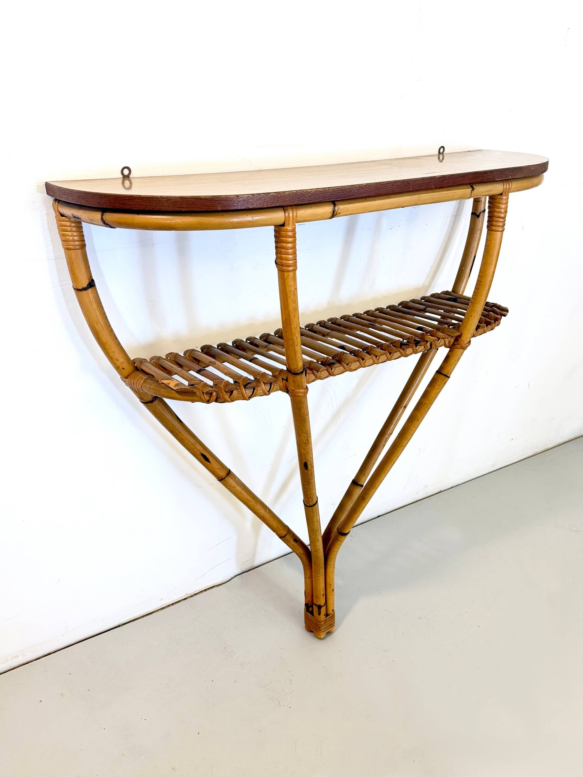 Bamboo and Formica Demilune Console Table with a Lower Shelf, Italy